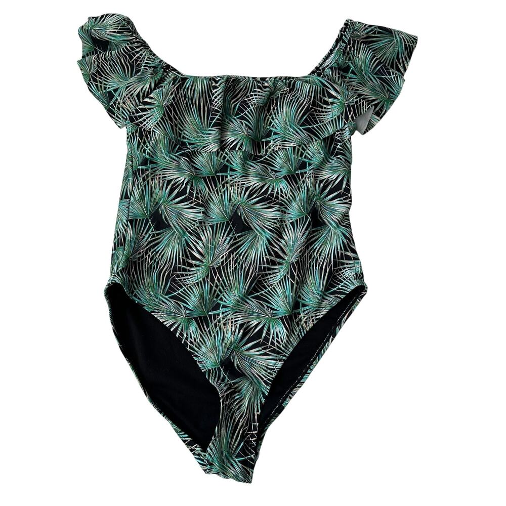 NWT Cabana del Sol swimsuit womens black one piece large tropical ruffles